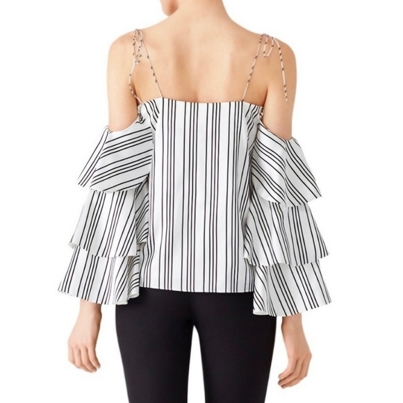Amur Satin Black & White Striped Off-Shoulder Ruffle Sofie Long Sleeve Top - Picture 2 of 7